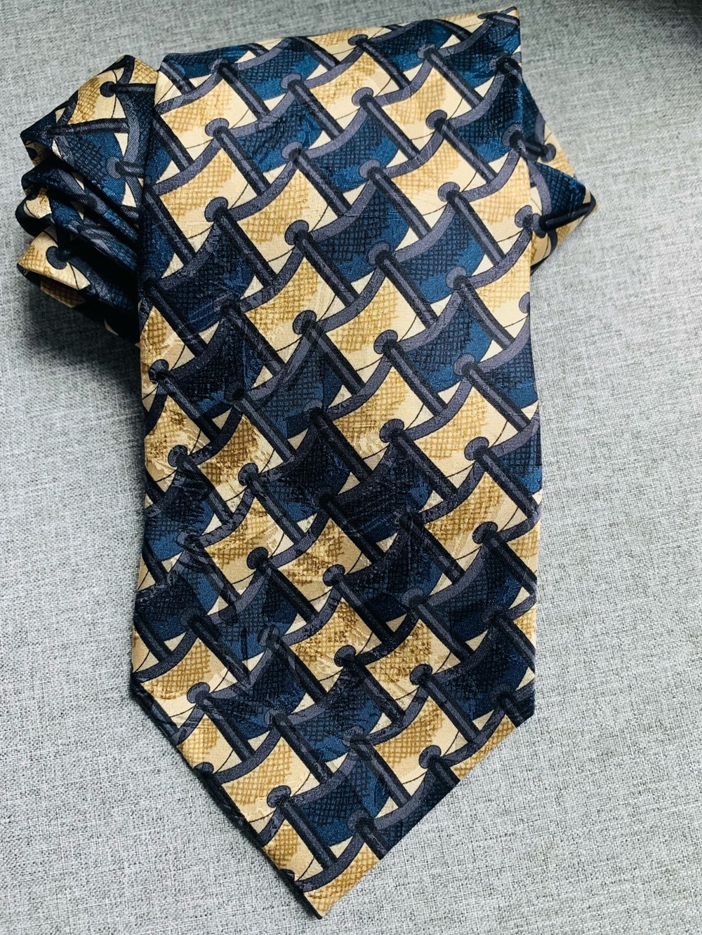 Donatello 100% Silk Tie Navy Gold Flag Abstract Geometric Office Formal Dad Gift
